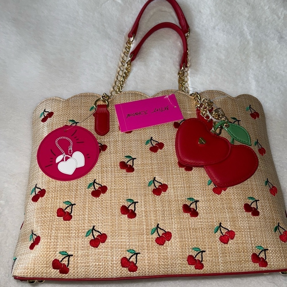 NWT Betsy Johnson Cherry Tote Bag Viral Novelty Handbag Purse Rattan Heart Large